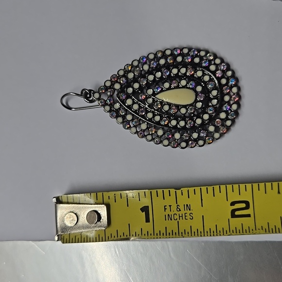 Black Gray Tone Purple Rhinestoned Tan Enamel Teardrop Earrings - Picture 14 of 15